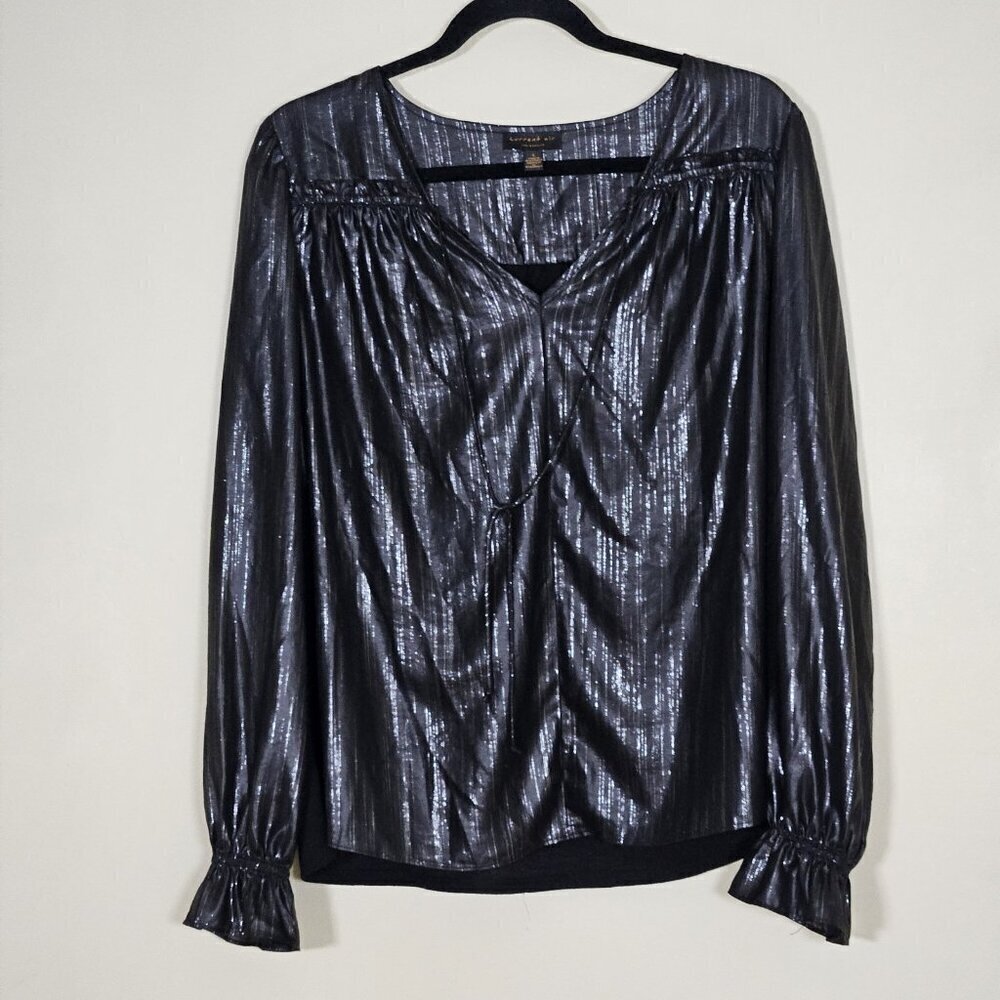 Current Air Top Womens L Black LS V-Neck Shimmery Seersucker Back Anthropologie